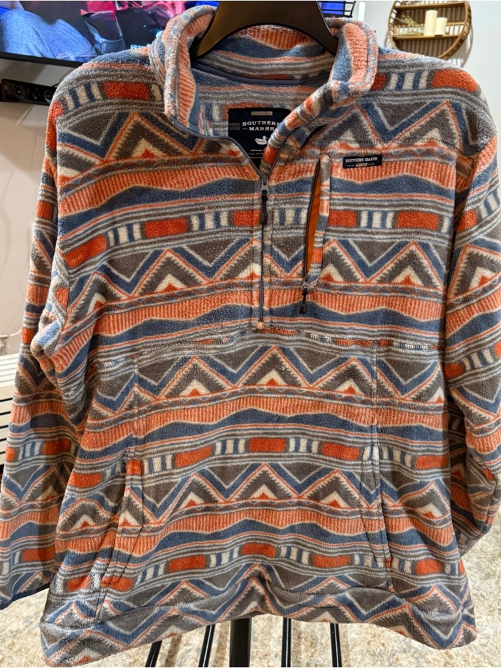 Southern Marsh Fleece Pullover with Geometric Stripe Pattern - Blue & Orange